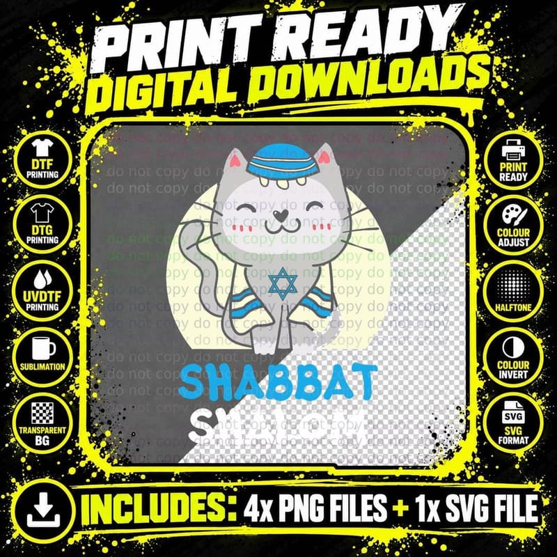 Shabbat Shalom Cat Lover Holy Day Judaism Yom Kippur Png SVG Digital Bundle