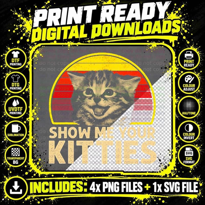 Show Me Your Kitties Cat Lover Retro Vintage Sunset Png SVG Digital Bundle