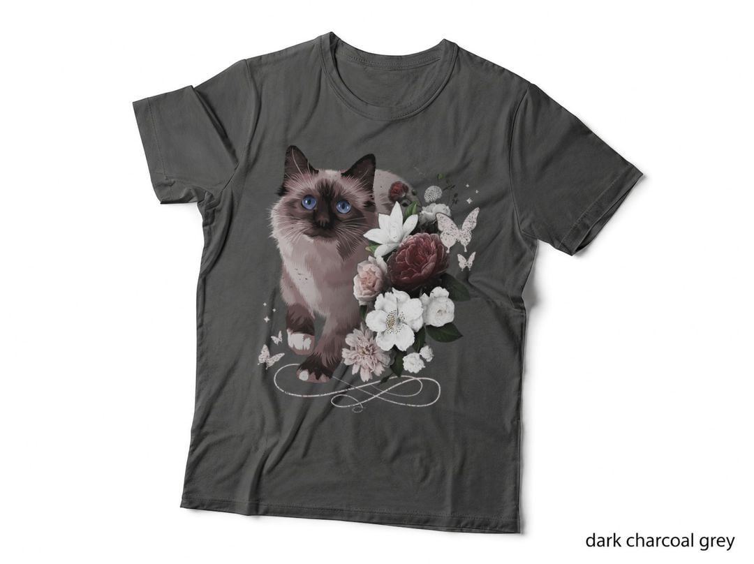 Siamese Cat with Flowers, Vintage Look, Floral Siam Cat T-Shirt