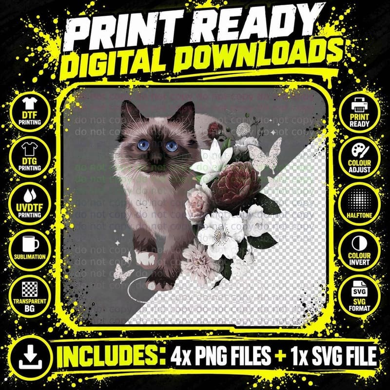 Siamese Cat with Flowers, Vintage Look Png SVG Digital Bundle