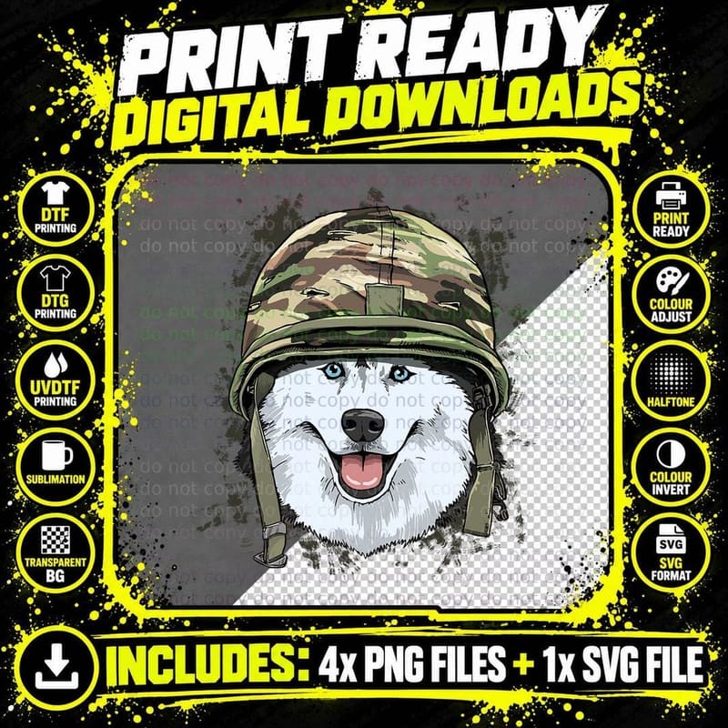 Siberian Husky Soldier Veteran Dog - Army Dog Lover Png SVG Digital Bundle