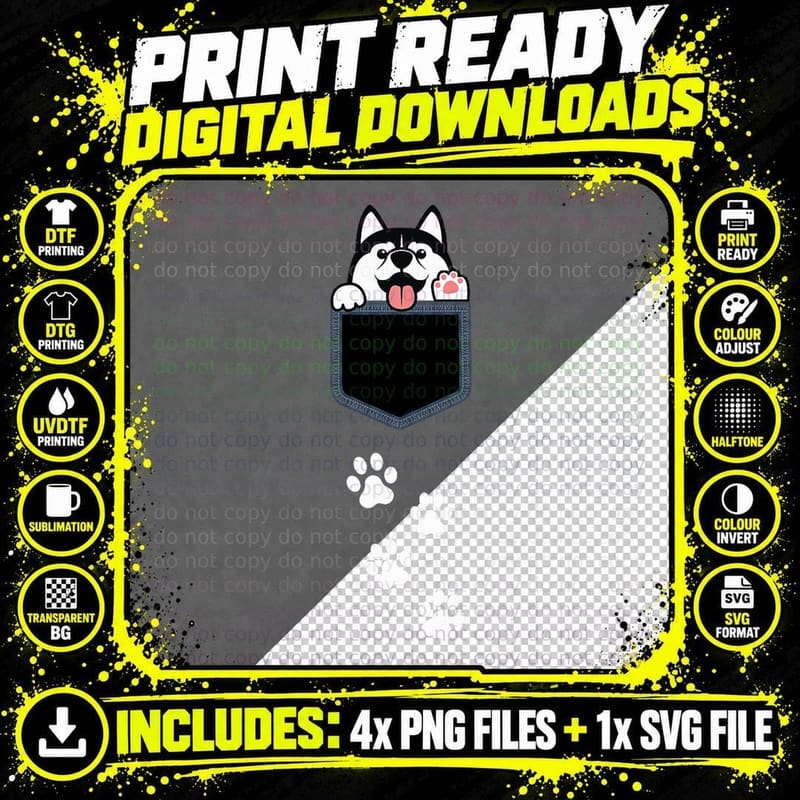 Siberian Husky in Pocket Cute Puppy Dog Lover Apparel Png SVG Digital Bundle