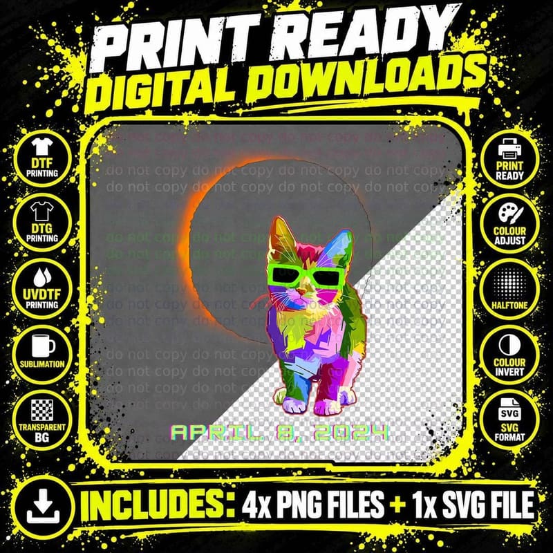 Solar Eclipse Tee Shirts Cat Wearing Eclipse Glasses Png SVG Digital Bundle