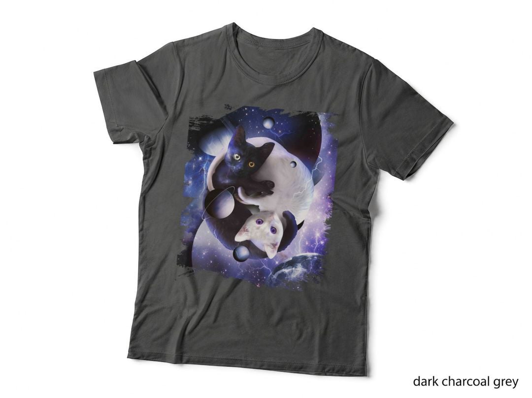 Space Yin Yang Cat Cats, Cosmic Yin-Yang Kitty in Galaxy T-Shirt