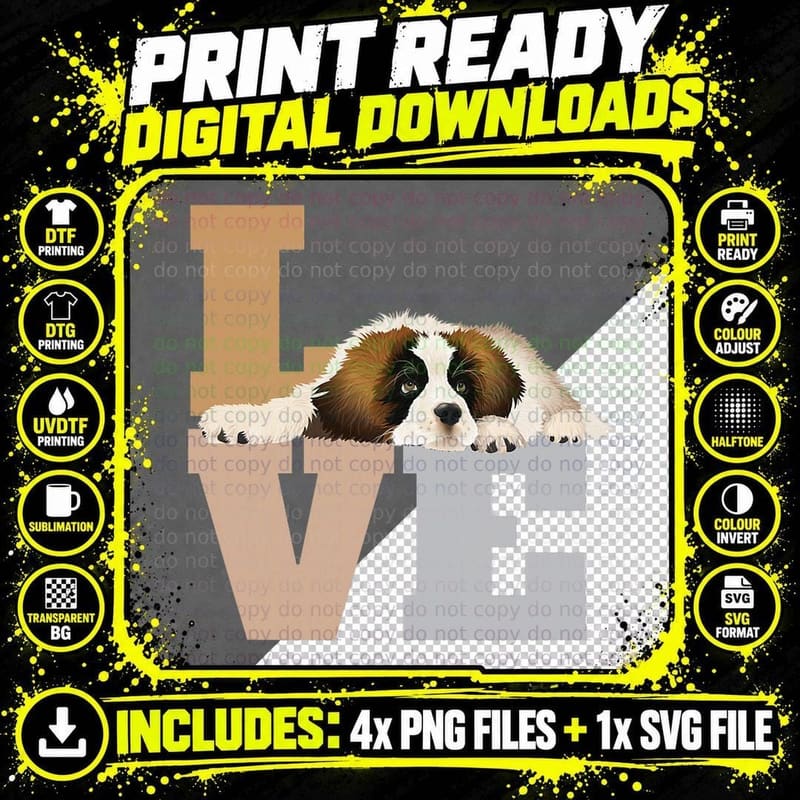 St Bernard Lazy Puppy Dog Slobbers on Word LOVE T-Shirt Png SVG Digital Bundle