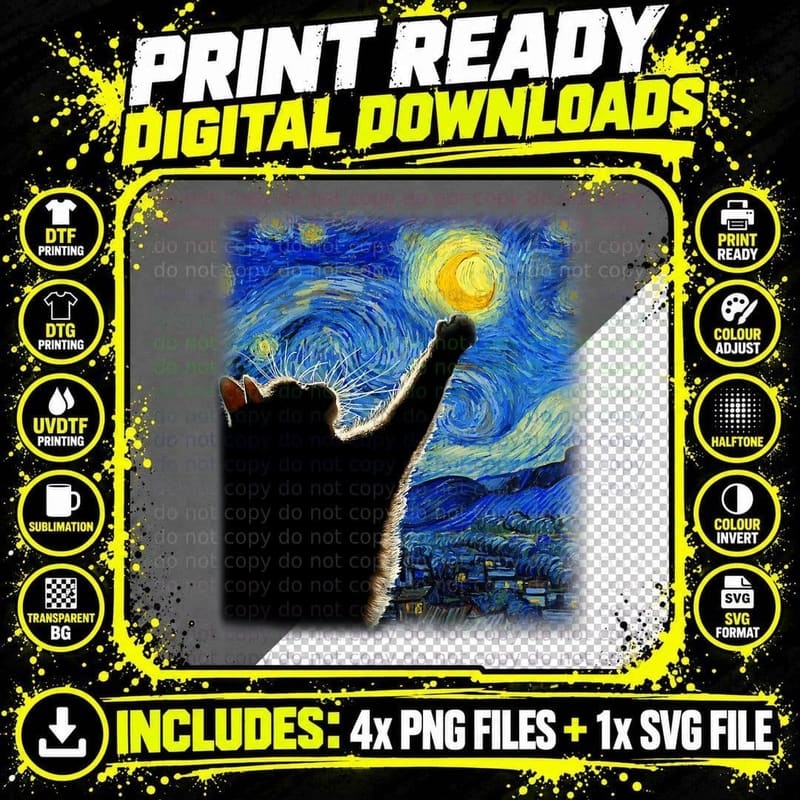 Starry Night Cat, Van Gogh Cat Lover, Cat Mom Png SVG Digital Bundle