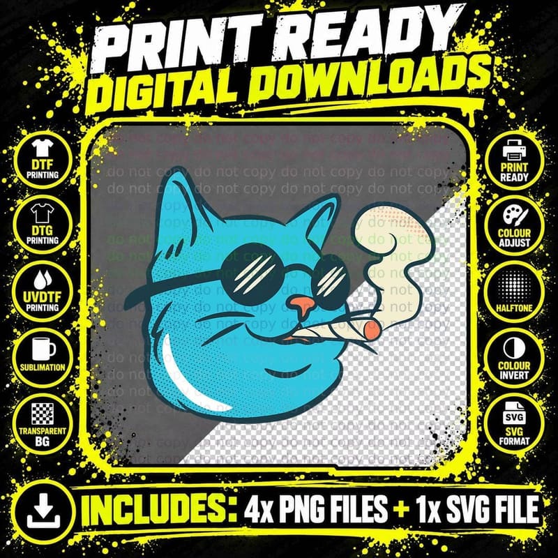 Stoned Cat Smoking Joint 420 Weed Cannabis Marijuana Png SVG Digital Bundle