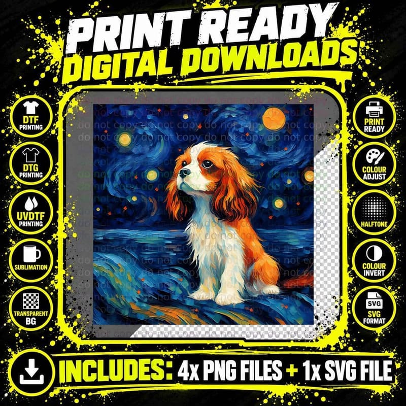 Surreal Starry Night Cavalier King Charles Spaniel Dog Png SVG Digital Bundle