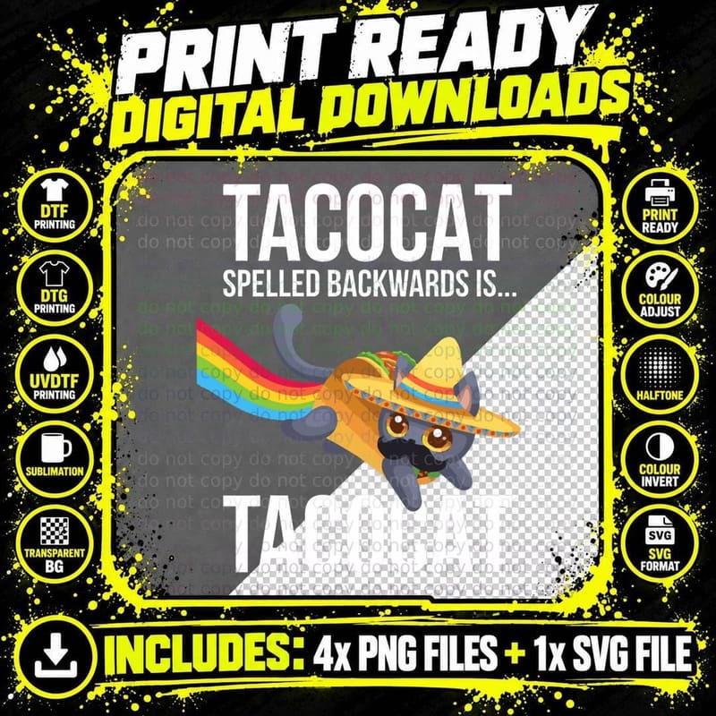 Taco Cat Spelled Backwards Palindrome - Funny Cat T-Shirt Png SVG Digital Bundle