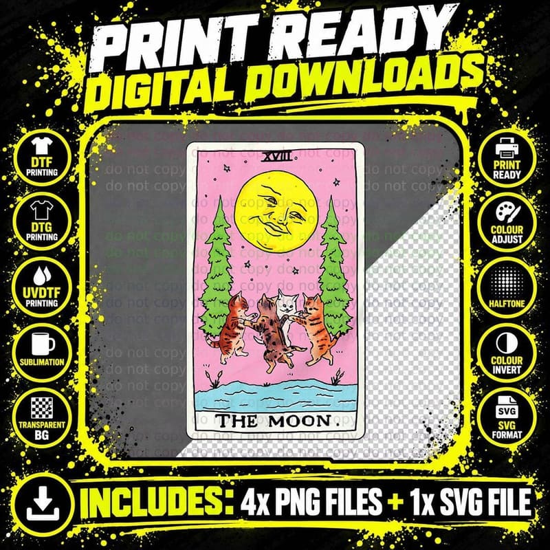 Tarot Card Crescent Moon and Cat Squad Graphic T-Shirt Png SVG Digital Bundle