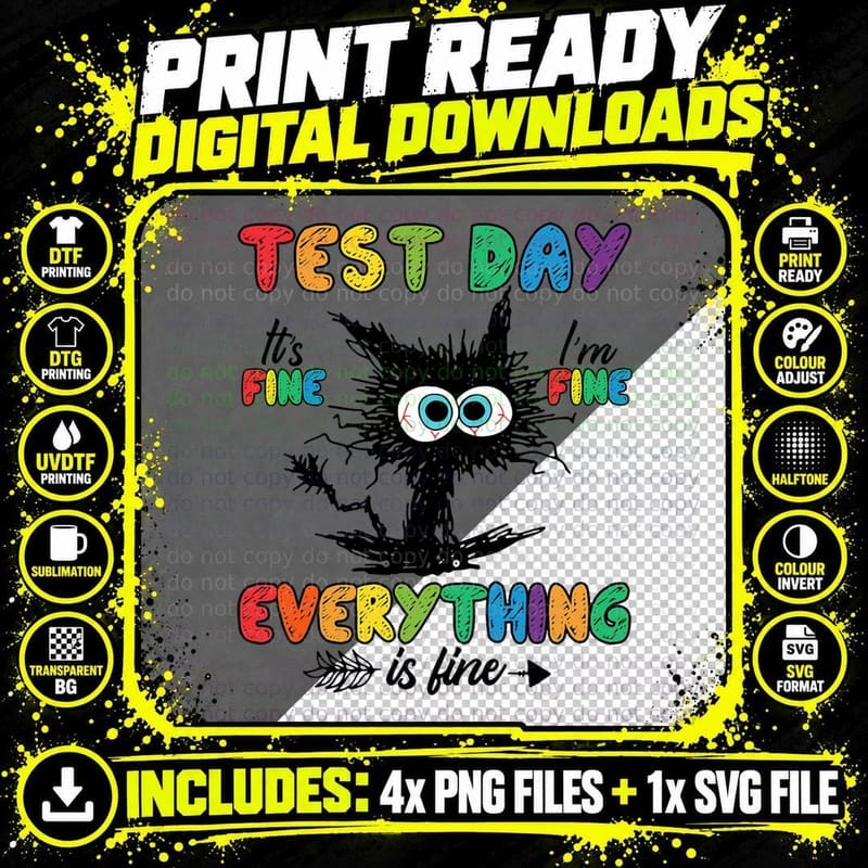Test Day Funny Stressed Cat Teacher Student Kids Testing Png SVG Digital Bundle