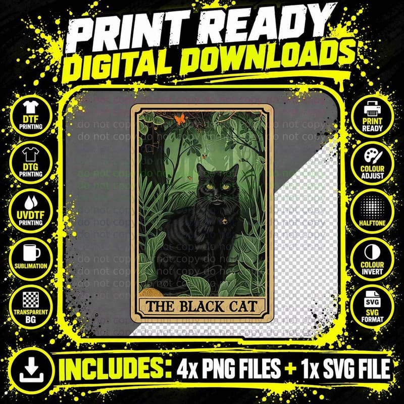 The Black Cat Adorable Cats Tarot Card Cute Animal Pet Png SVG Digital Bundle