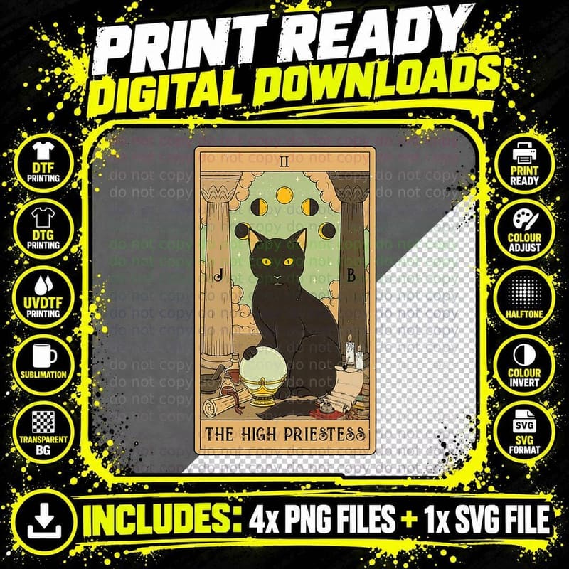 The High Priestess Tarot Card Black Cat Mystical Moon Png SVG Digital Bundle