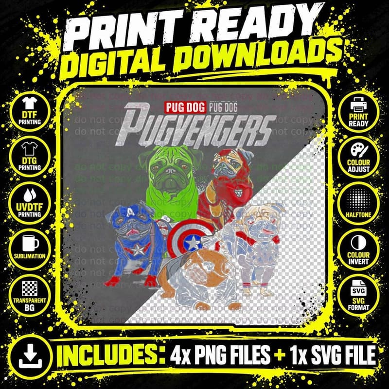 The Pugvengers Funny Superheroes Pug Dog Gift T-Shirt Png SVG Digital Bundle