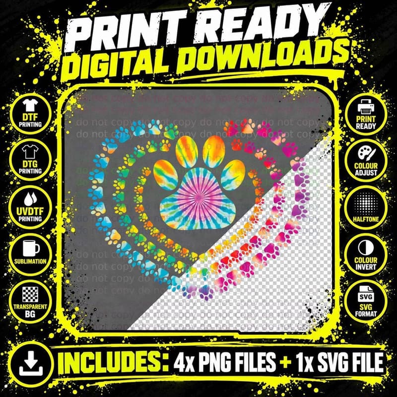 Tie Dye Love Dog Paw Pets Print Animal Lover Rainbow Png SVG Digital Bundle
