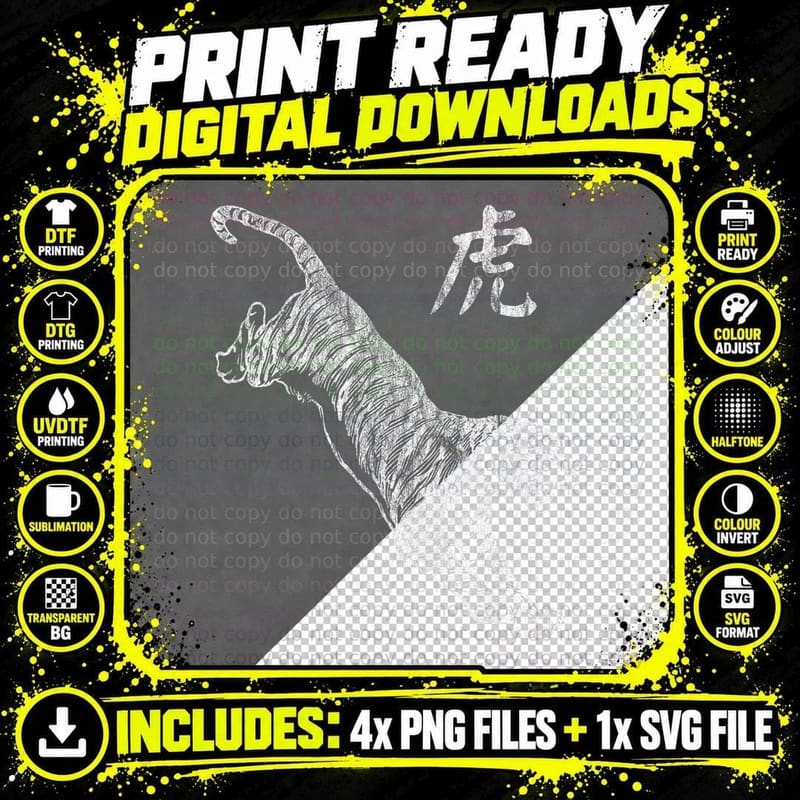 Tiger Chinese Graphic Lao Fu Big Cat - Distressed T-Shirt Png SVG Digital Bundle