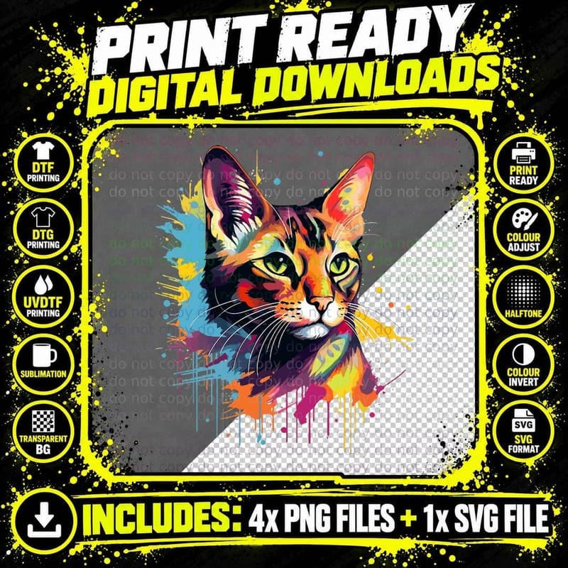 Toyger Cat Face Colorful Splash Art T-Shirt Png SVG Digital Bundle
