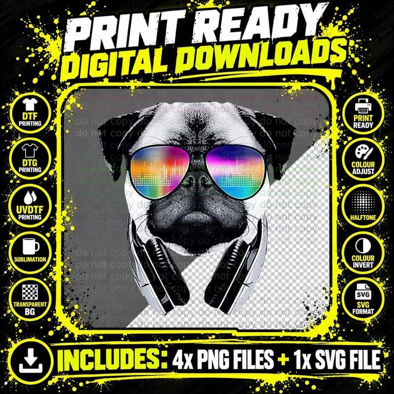 Trippy Pug Dog Wearing Music Equalizer Sunglasses T-Shirt Png SVG Digital Bundle