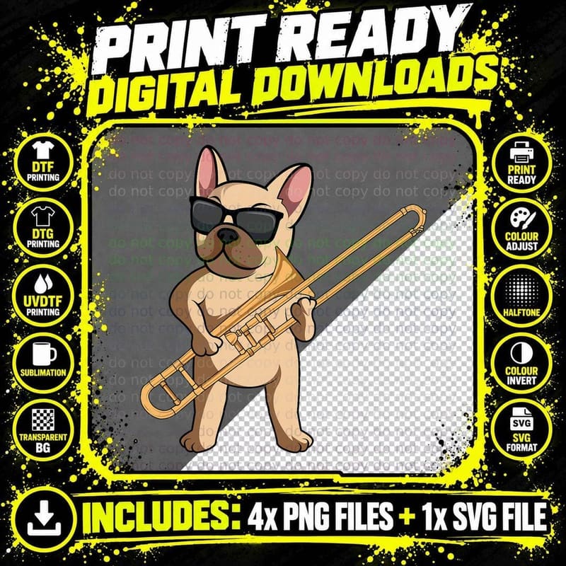 Trombone Brass Instrument Trombonist Jazz Music Dog Png SVG Digital Bundle