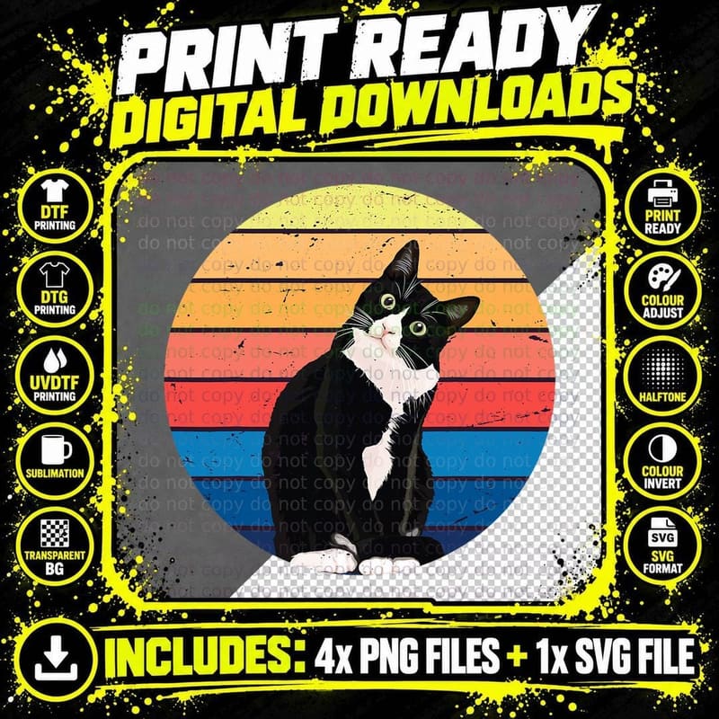 Tuxedo Cat Gift Retro Colors for Animal Lovers T-Shirt Png SVG Digital Bundle