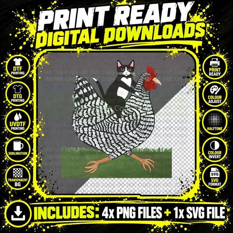 Tuxedo Cat Riding a Chicken T-Shirt Png SVG Digital Bundle