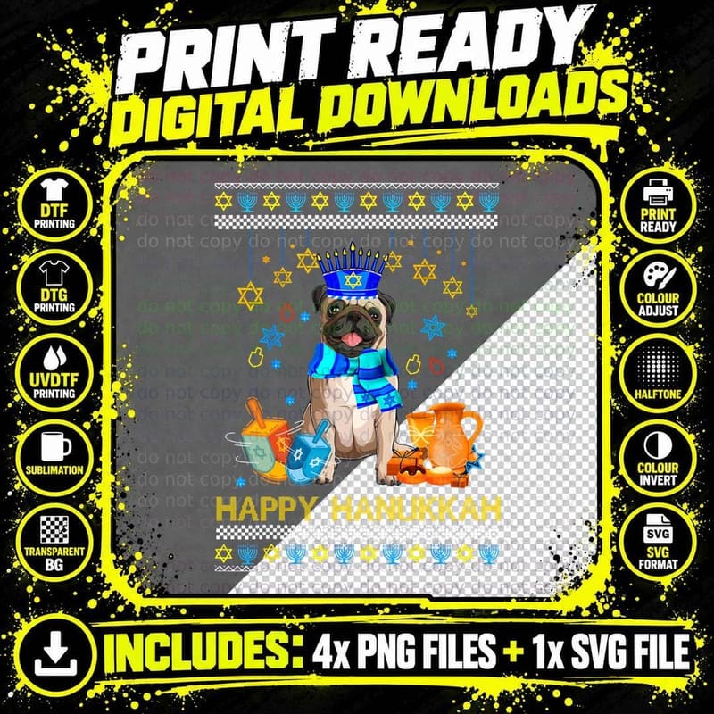 Ugly Hanukkah Sweater Jewish Pug Dog Menorah Pullover Png SVG Digital Bundle