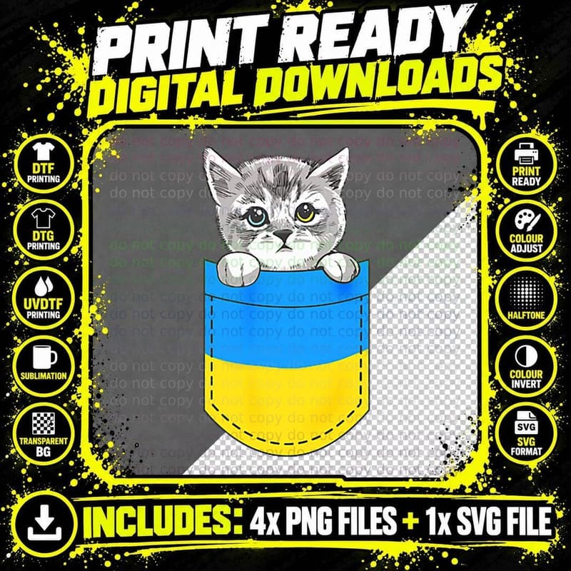 Ukrainian Flag Cute Cat in the Pocket Ukraine Gift Png SVG Digital Bundle