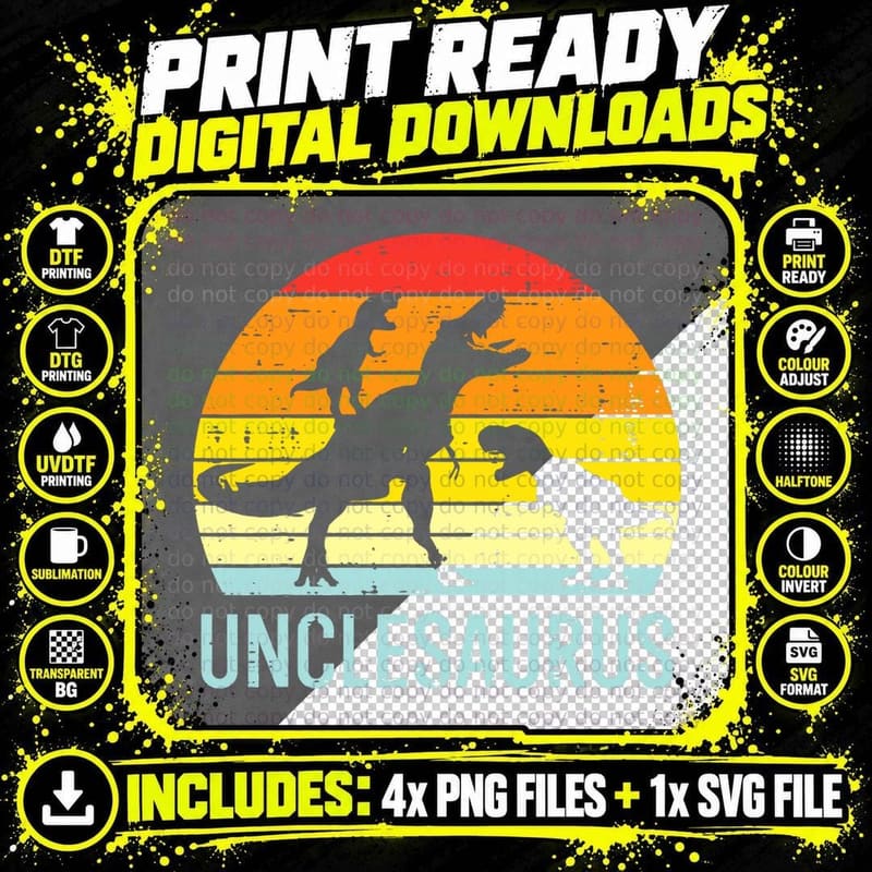 Unclesaurus Trex Uncle Sunset Retro Fathers Day Dinosaur Png SVG Digital Bundle