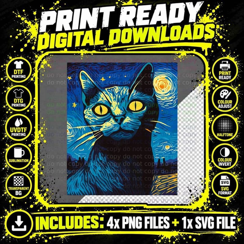 Van Gogh Cat Starry Night Cat T-Shirt Png SVG Digital Bundle