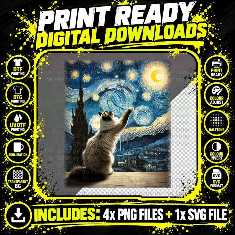 Van Gogh Starry Night Style Artistic Ragdoll Cat T-Shirt Png SVG Digital Bundle