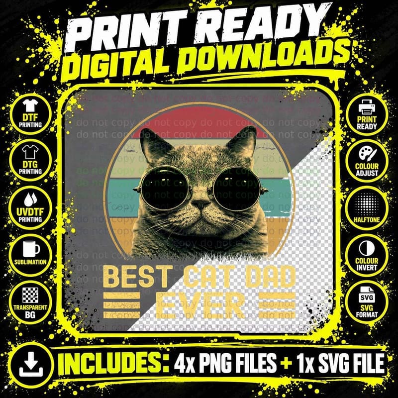 Vintage Best Cat Dad Ever Funny for Men, Cat Lover Png SVG Digital Bundle