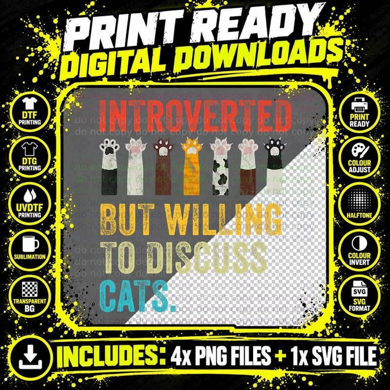 Vintage Cat Meow Introverted but Willing to Discuss Cats Png SVG Digital Bundle