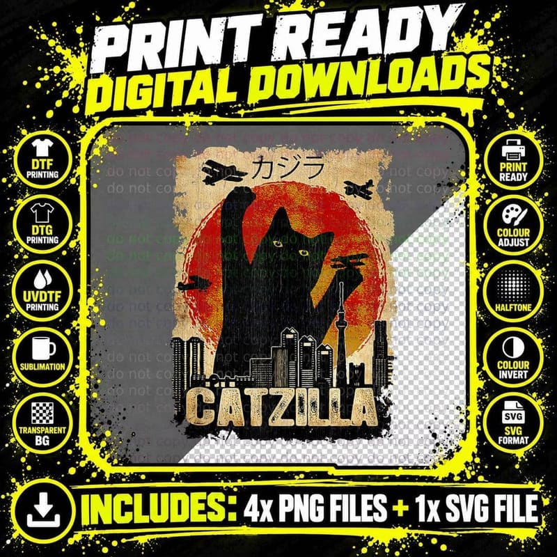 Vintage Catzilla - Funny Kitten and Cat Png SVG Digital Bundle