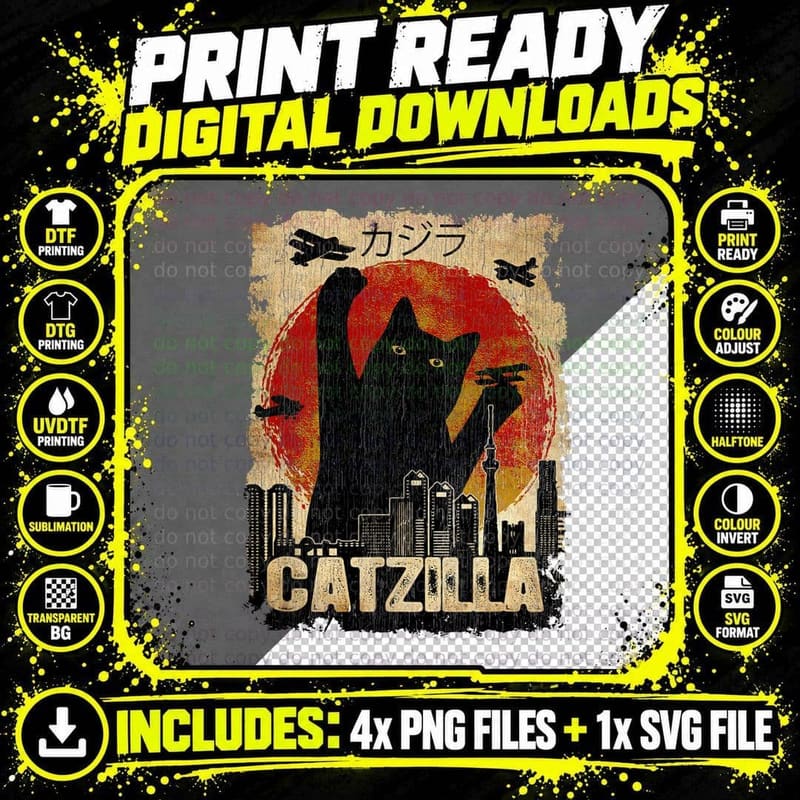 Vintage Catzilla Tee - Funny Kitten and Cat T-Shirt Png SVG Digital Bundle