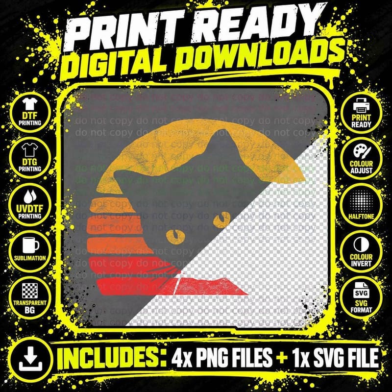 Vintage Eighties Style Cat Retro Distressed Design Png SVG Digital Bundle