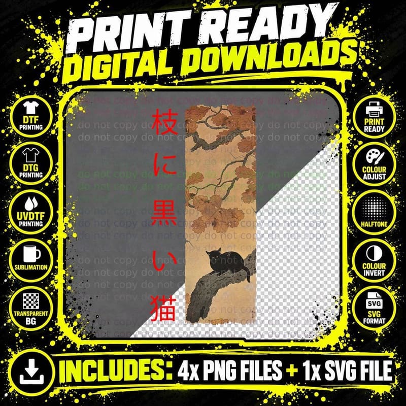 Vintage Japan Art - Japanese Theme Retro Print Black Cat Png SVG Digital Bundle