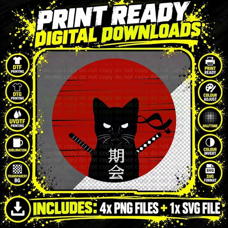 Vintage Japanese Sunset Style Cat Kitten Lover T-Shirt Png SVG Digital Bundle