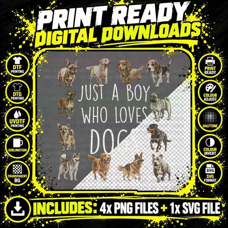 Vintage Just a Boy Who Loves Dogs Funny Puppy Dog Lover Png SVG Digital Bundle