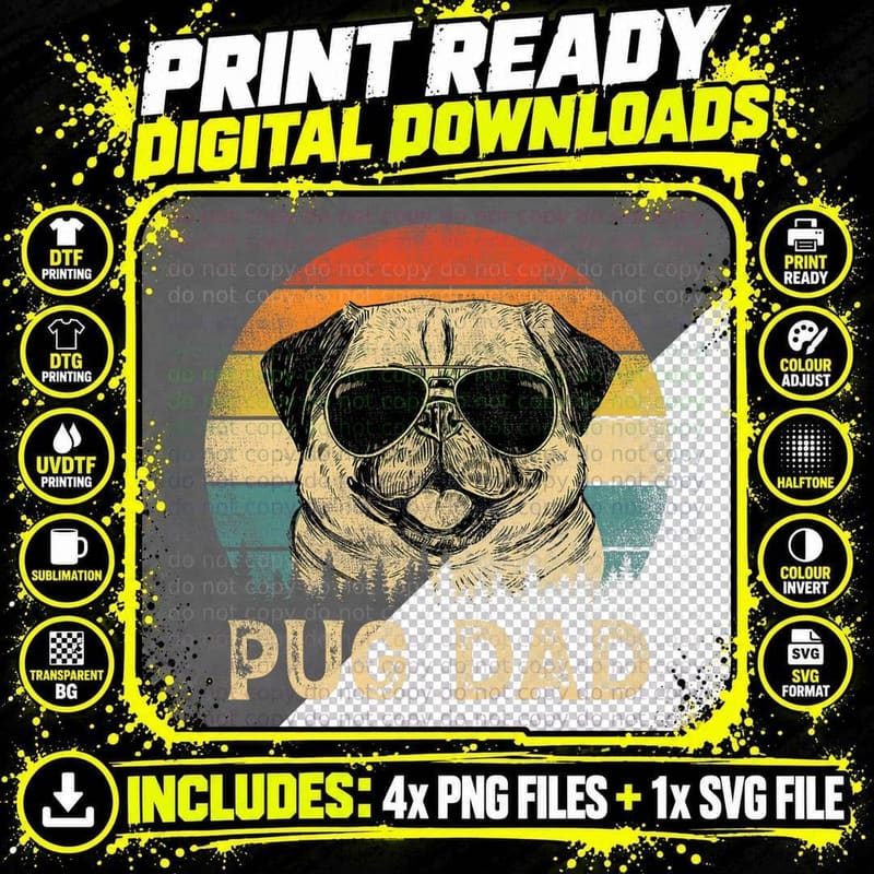 Vintage Pug Dad Dog Lovers Father's Day T-Shirt Png SVG Digital Bundle