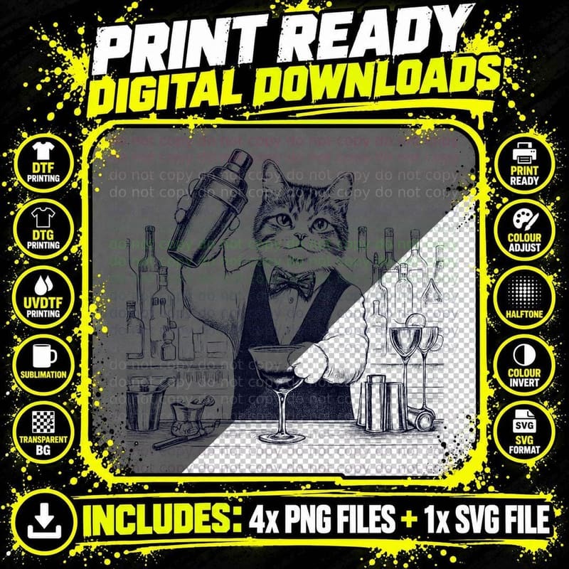 Vintage Retro Bartender Cat Kitten Lover T-Shirt Png SVG Digital Bundle