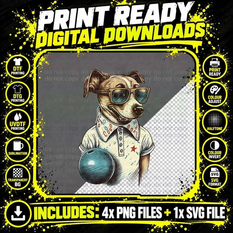 Vintage Retro Dog Playing Bowling, Bowl Png SVG Digital Bundle