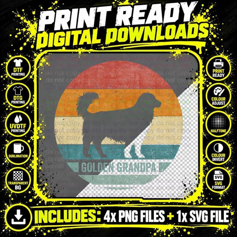 Vintage Retro Golden Retriever Dog Grandpa Silhouette Png SVG Digital Bundle
