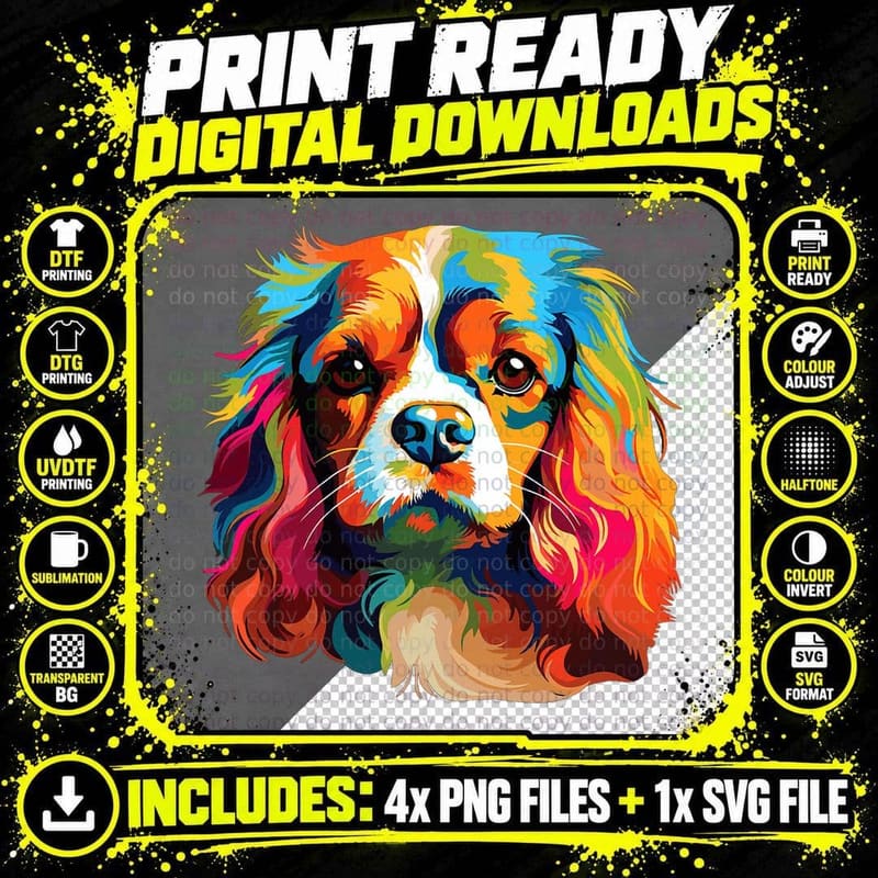 Watercolor Colorful Cavalier King Charles Spaniel Dog Png SVG Digital Bundle