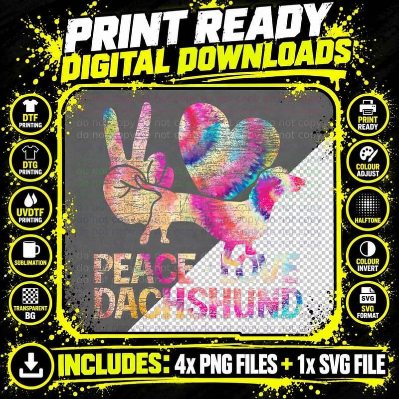 Weenie Dog Lover Pet Parent Tie Dye Peace Love Dachshund Png SVG Digital Bundle