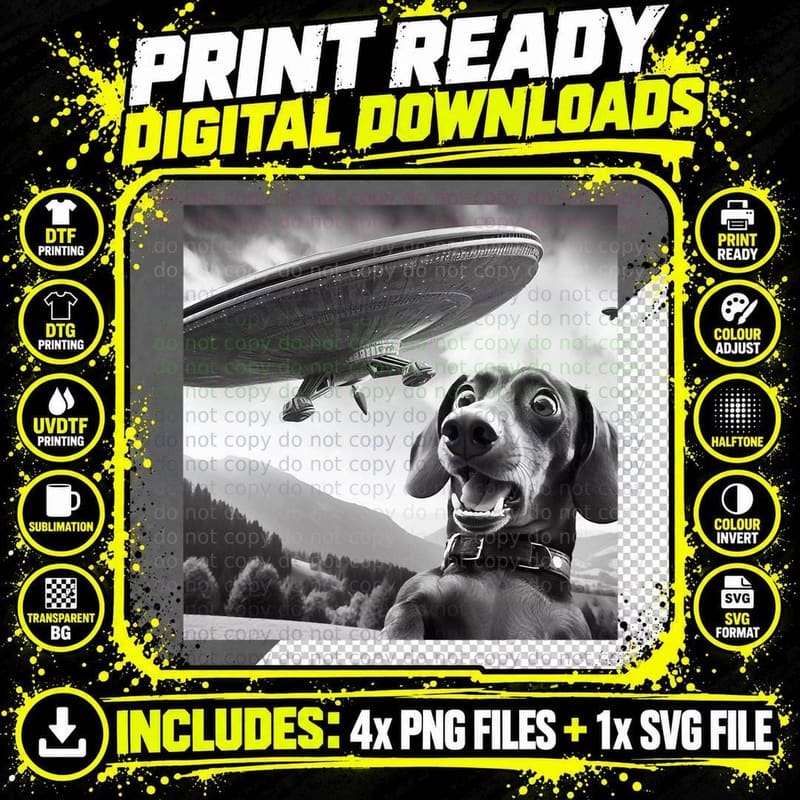 Wiener Dog Selfie with Ufos - Funny Flying Alien Png SVG Digital Bundle