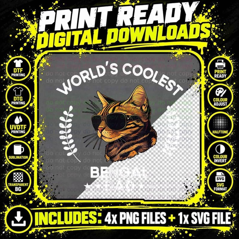 World's Coolest Dog Dad Papa - Men Bengal Cat T-Shirt Png SVG Digital Bundle
