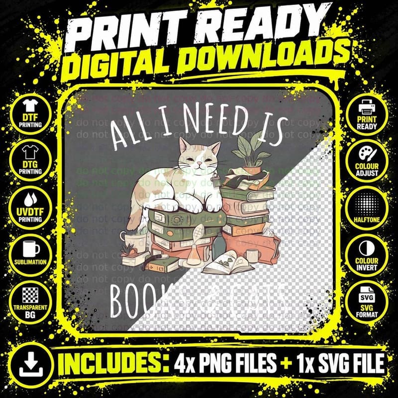All I Need Is Books & Cats Women Reading Cat Lover Png SVG Digital Bundle