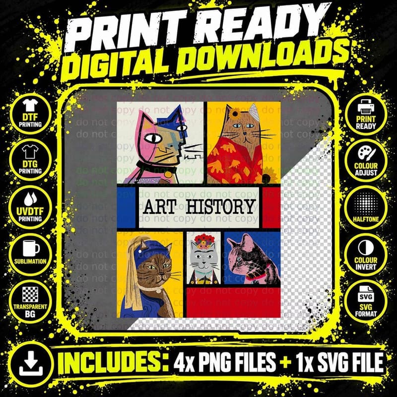 Art History Funny Cat Art Lover Painting Painter Artist Png SVG Digital Bundle