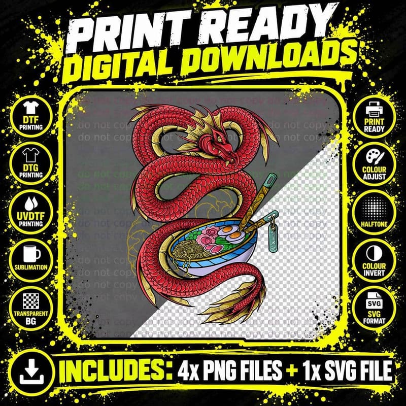 Asian Culture Japanese Red Dragon Ramen Chinese T-Shirt Png SVG Digital Bundle
