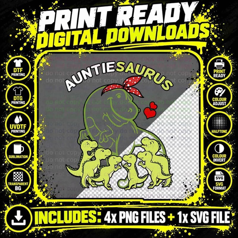 Auntiesaurus Auntie 6 Kids Dinosaur Family Day T-Shirt Png SVG Digital Bundle